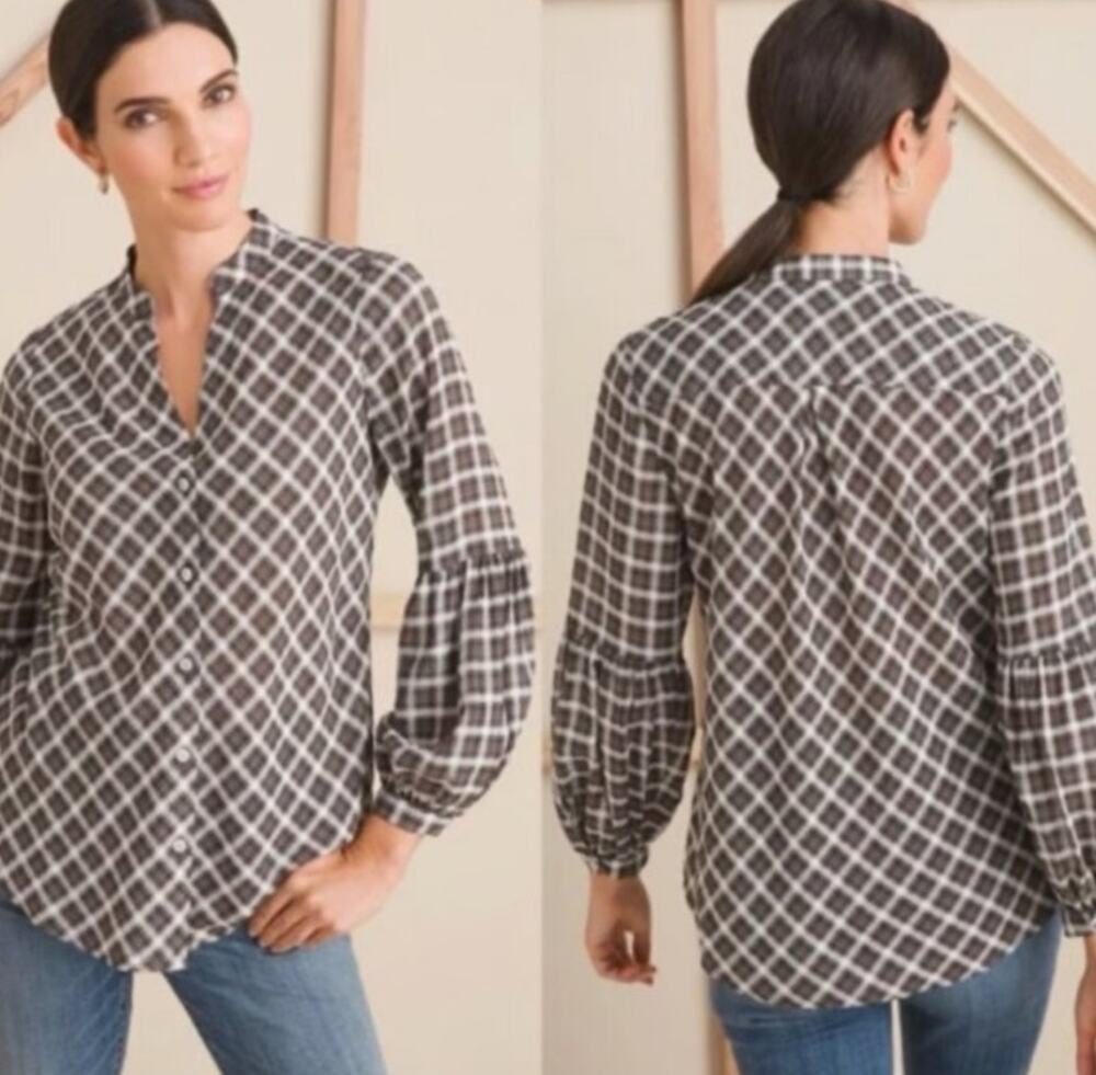 Chico’s Brown Plaid Button Front Peasant Blouse Size 1 US M/8 Boho Fall Casual